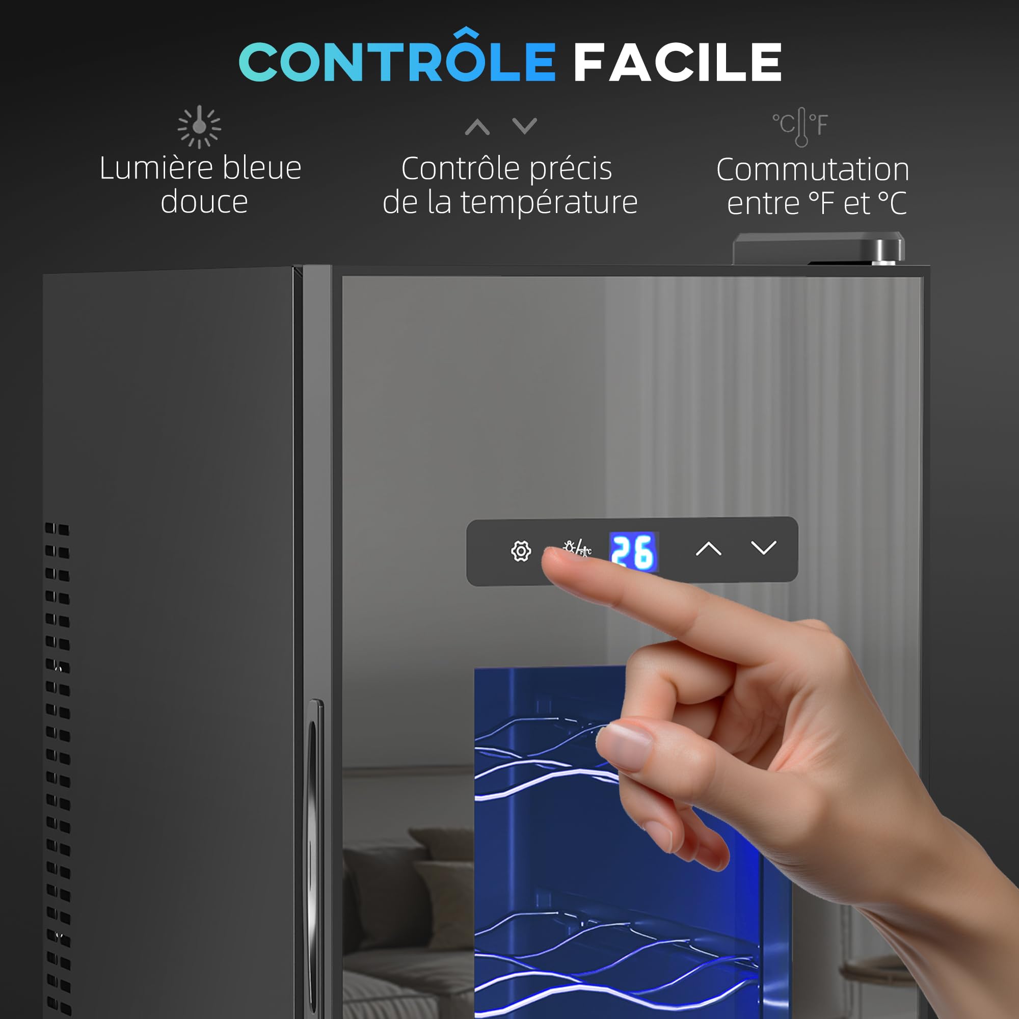 HOMCOM Cave à vin 12 bouteilles 30L réfrigérateur thermoélectrique silencieux porte en verre éclairage LED écran tactile numérique contrôle température 8-18°C noir
