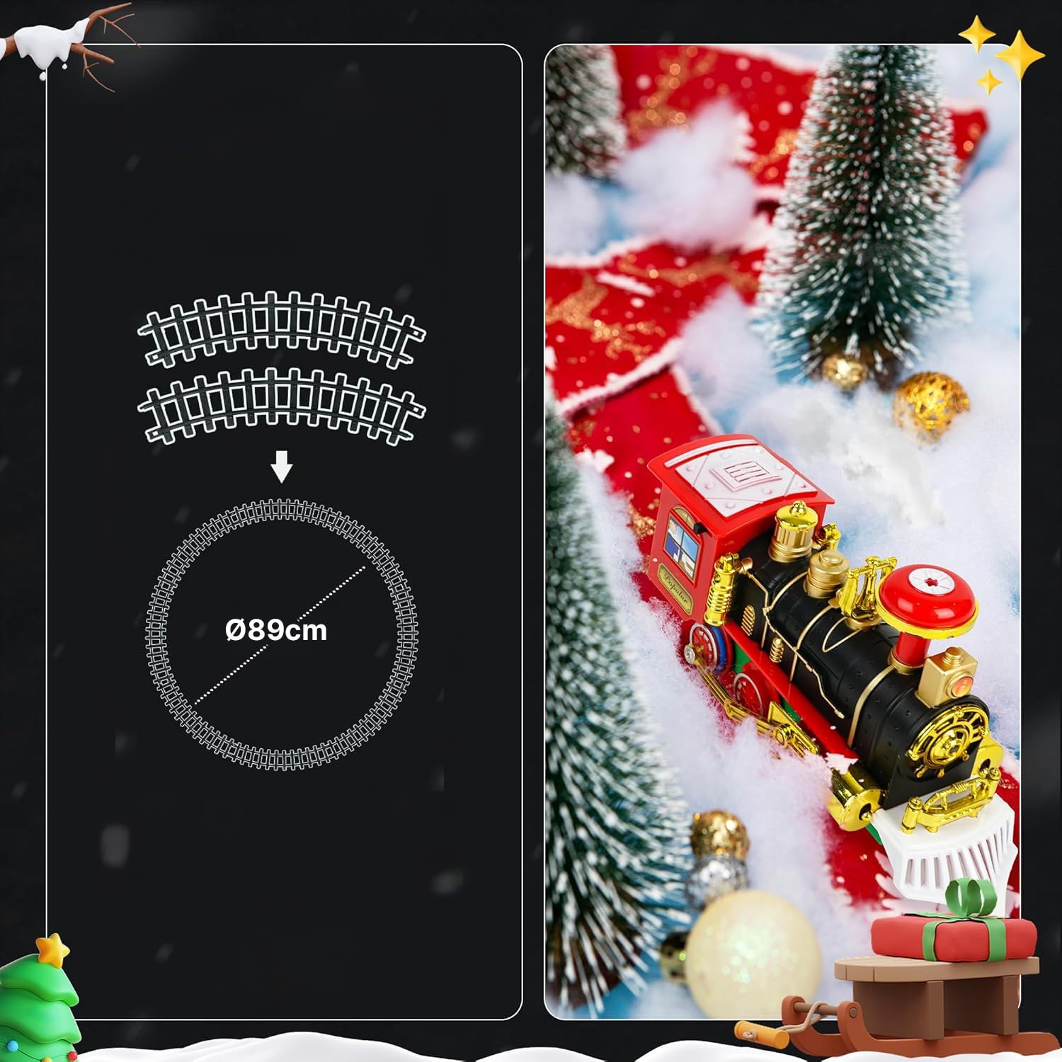 Avilia Trenino Elettrico Natalizio in Movimento con Luci e Suoni - Decorazione per Albero di Natale - Treno con Binari di diametro 89cm - Treno per Albero di Natale Sospeso o da Terra con Batteria