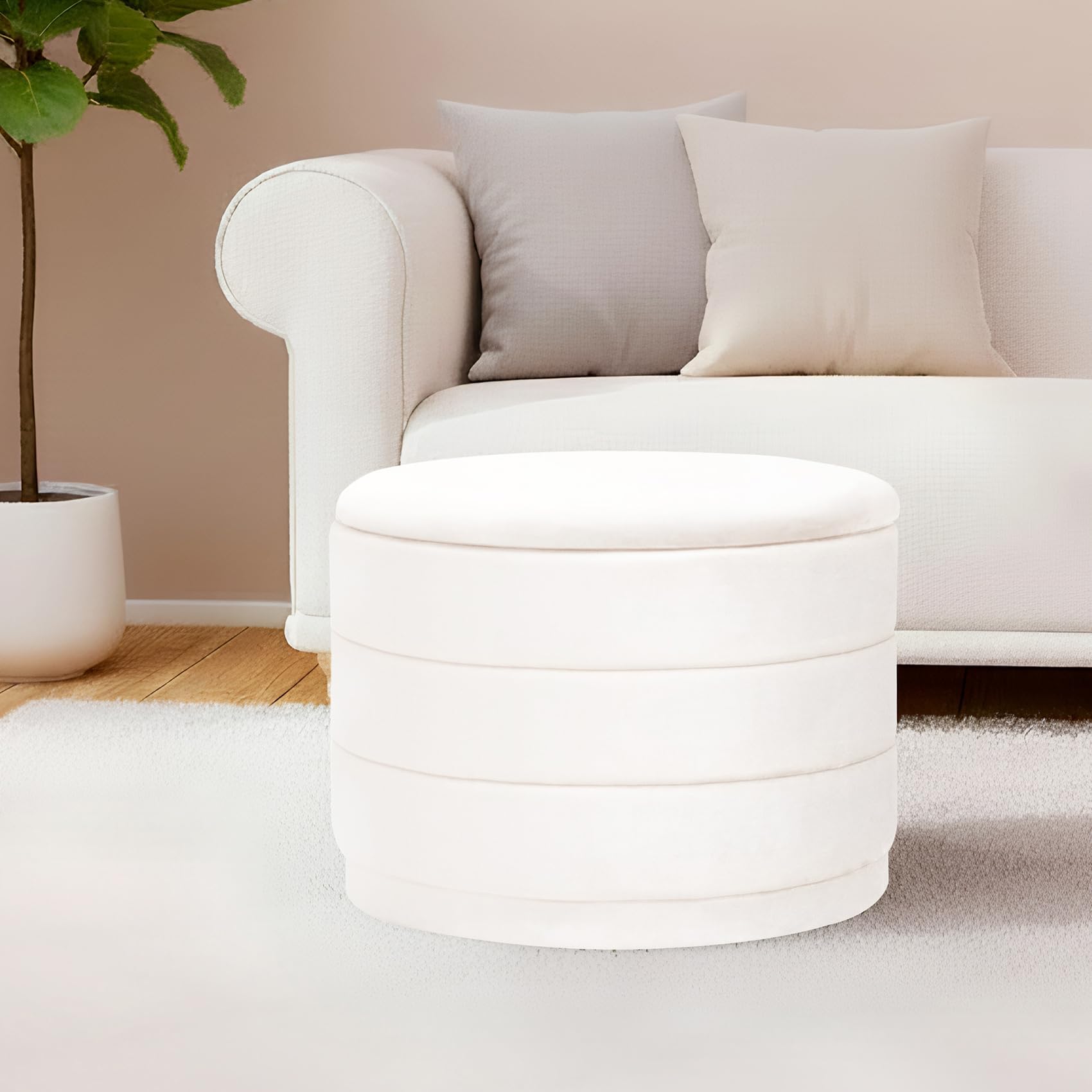 Bonlife Ottoman Rond avec Couvercle,Repose-Pieds Pliable avec Table,Repose-Pieds pour Salon, Chambre à Coucher, Couloir, Velours Blanc, 58 x 58 x 44 cm