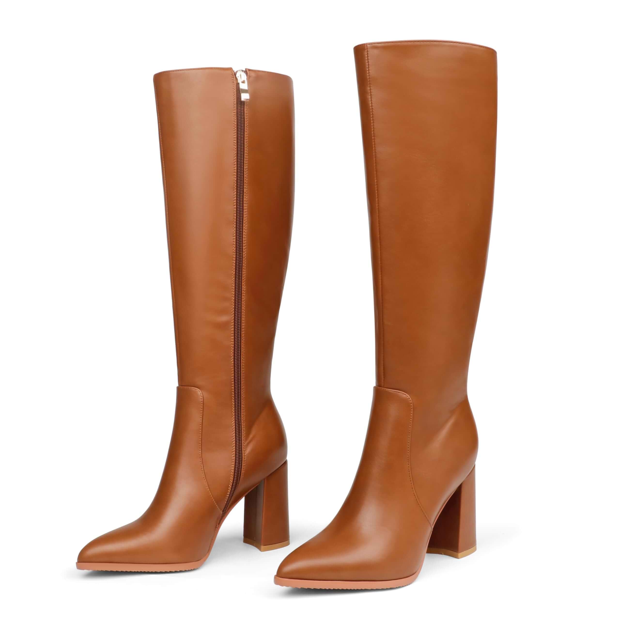 COLETER Women's Knee High Boots Pointed Toe Chunky Block Heel Gogo Boots Smooth Faux Leather, Side Zipper, Fashion Dress Boots, Fall Winter Tall Boots