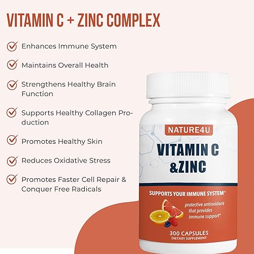 Miniatura 9 de Vitamina C 1000 mg con zinc, rosa HIPS y bioflavonoides cítricos, suplemento de apoyo inmunológico Protección antioxidantes, 120 cápsulas