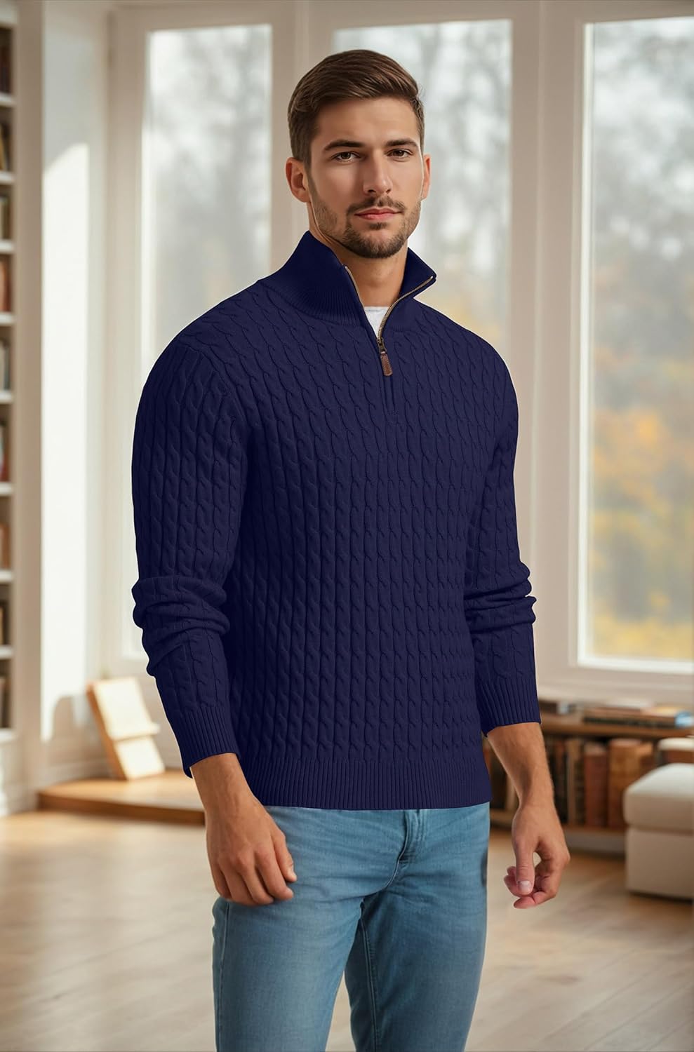 Askdeer Men's Cable Knit Sweater Quarter Zip Sweater Mock Neck Polo Sweater Casual Pullover Sweater with Ribbing Edge - Image 3