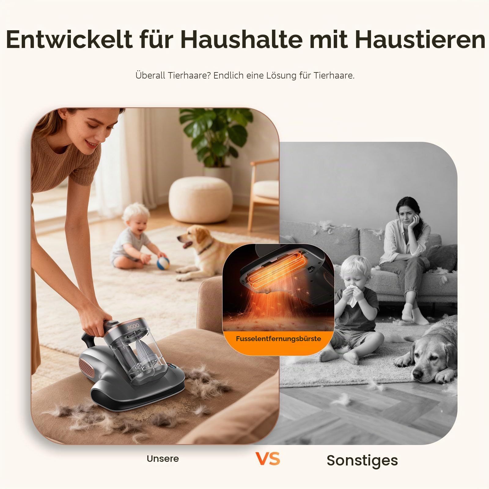 JIGOO S100 Kabelloser Matratzenstaubsauger: Tiefenreinigender Milbenstaubsauger mit UV-Licht gegen Allergene, 80000 U/min Klopftechnik für Matratzen/Kinderbetten/Sofas/Haare