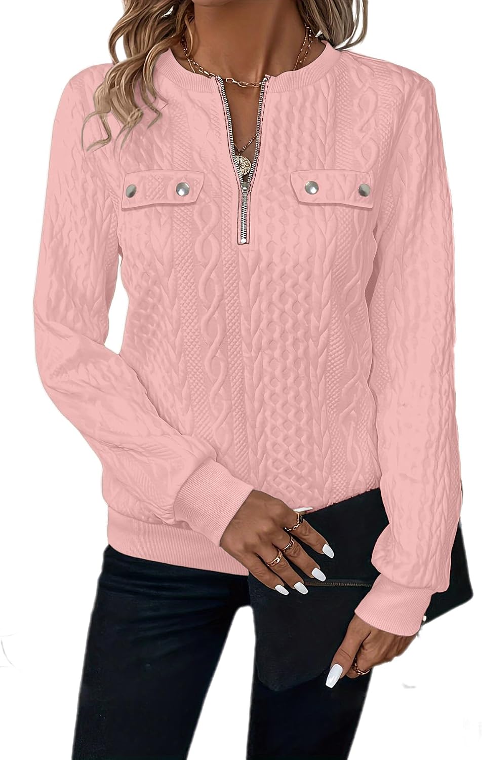 Womens Sweatshirts Casual Crew Neck Long Sleeve Quarter 1/4 Zip Quilted Pullover Lightweight Textured Solid Fall Tops