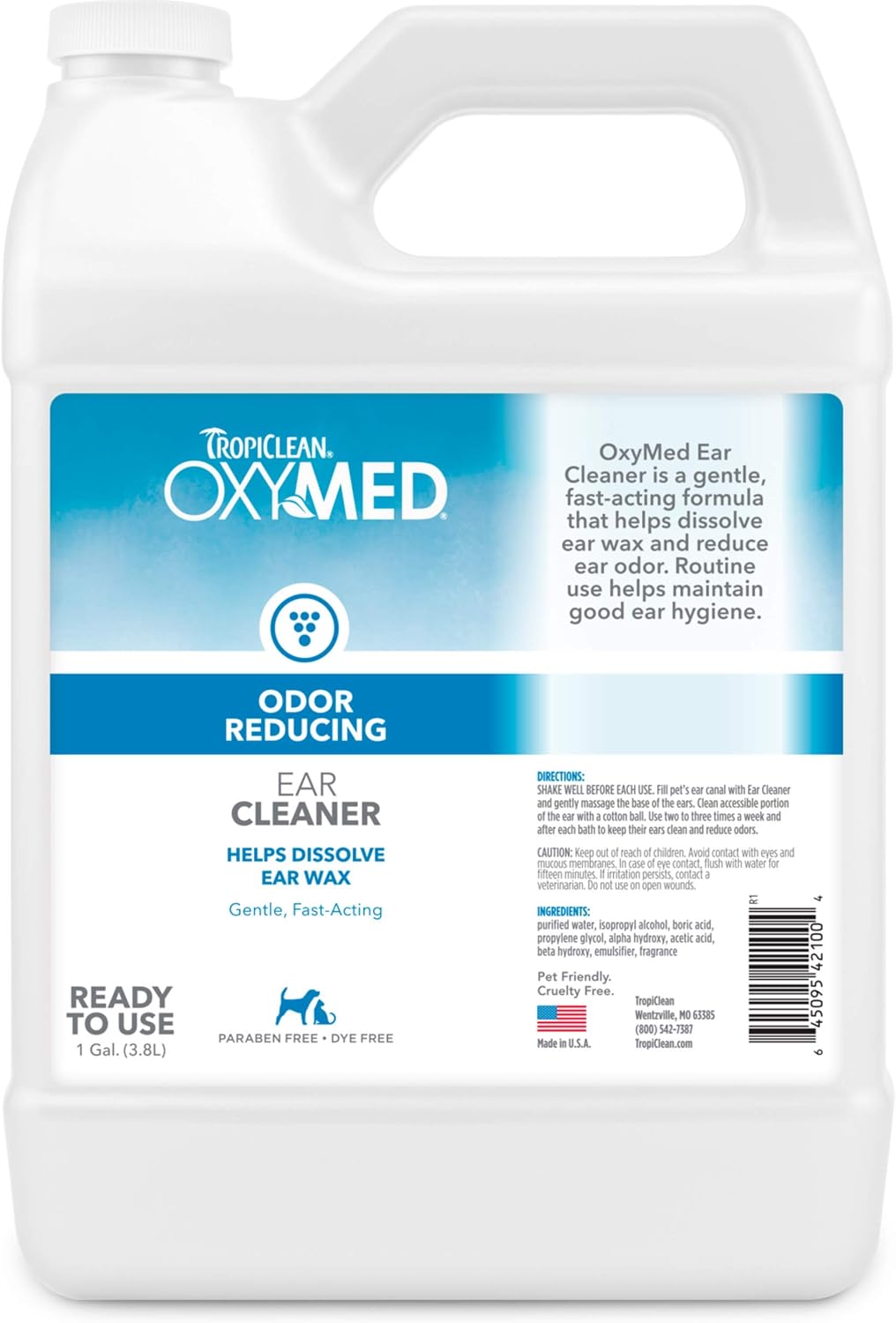 TropiClean Oxymed Cat & Dog Ear Cleaner Solution | Care Solution for Pet Ears | Suitable for Dogs & Cats | 1 Gallon