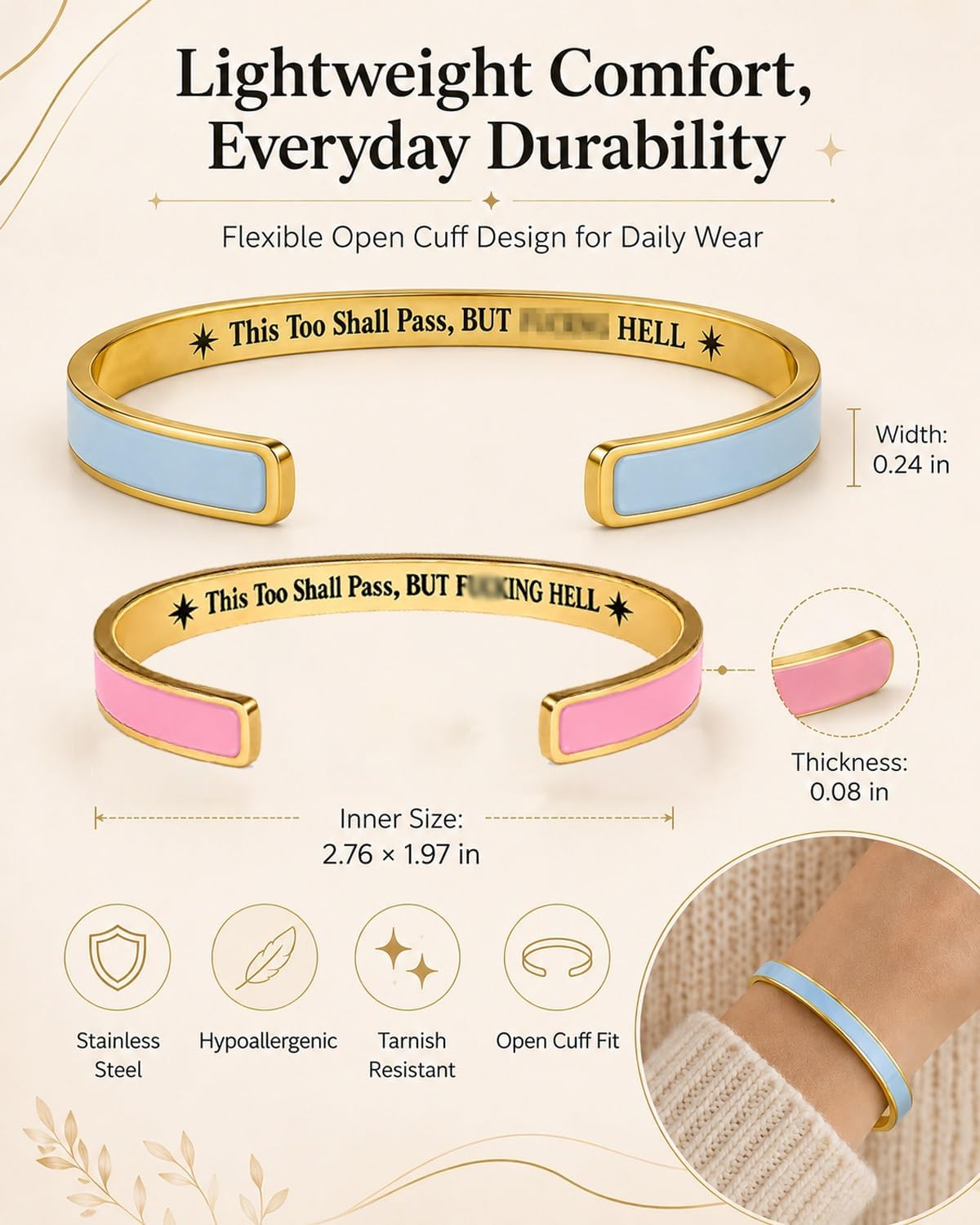 This Too Shall Pass Mantra Cuff Bracelet, BUT FUCKING HELL Engarved Hidden Message Code Motivational Bangle Inspirational Jewelry Encouragement Gifts for Women
