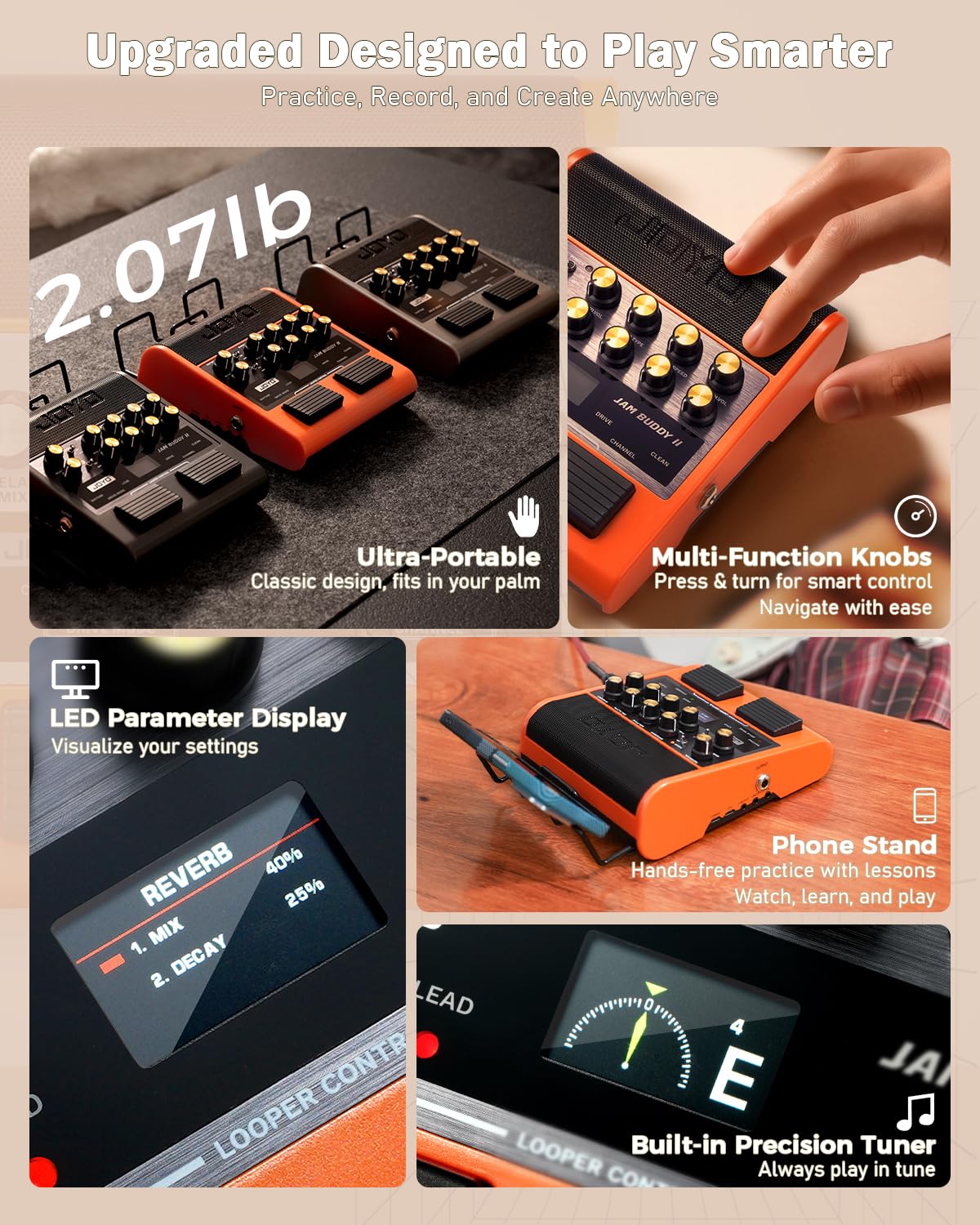 JOYO Amplificatore Combo Chitarra 10W Portatile con Pedale Multieffetti - 14 Modelli di Amplificatore, EQ 3 Bande, 36 Ritmi & Looper, Registrazione OTG, Bluetooth (Jam Buddy II, Nero)