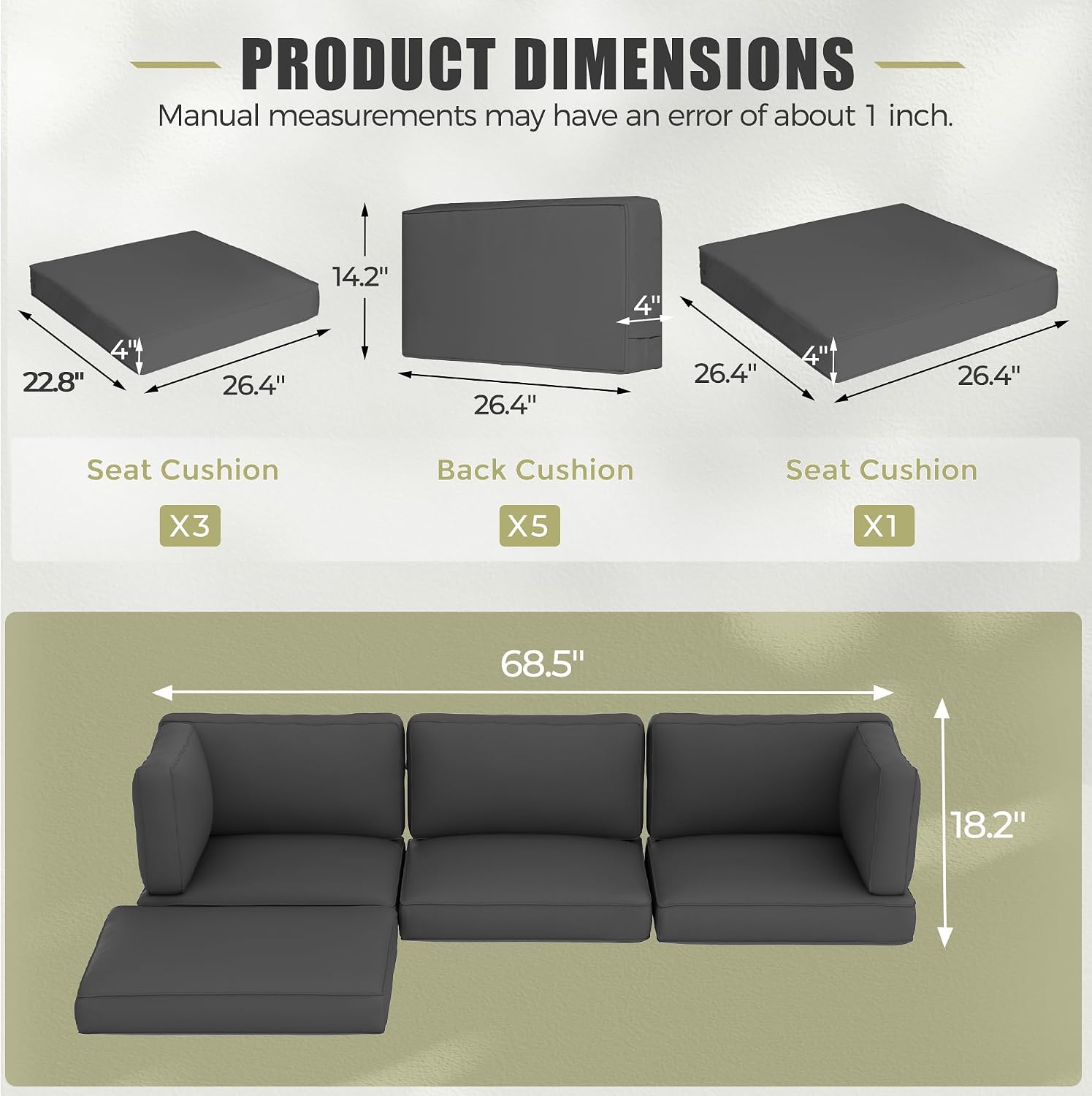 Oakcloud Oakmont Outdoor Replacement Cushions for Patio Furniture,Water-Resistant Cushion for Patio Conversation Set,9-Piece Cushions for 4-seat Outdoor Sectional Sofa(Dark Grey)