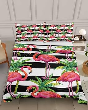 King Top Sheets Easy Care, Pink Flamingo Tropical Coconut Tree Super Soft Bed Sheets, Black and White Stripe Hotel Luxury Bedding Flat Sheet for Women/Men/Kids
