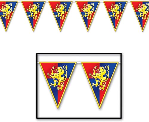 Miniatura 4 de Decoraciones medievales para fiestas, trompetas y escudo de cartón, banderines de plástico y mantel (paquete de 5) por Multiple