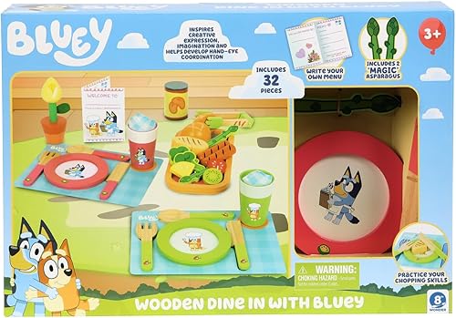 Miniatura 2 de Bluey - Cena con BLUEY Set, juego de juguetes de madera de 32 piezas con espárragos mágicos, platos, utensilios y más, perfecto para juegos de roles