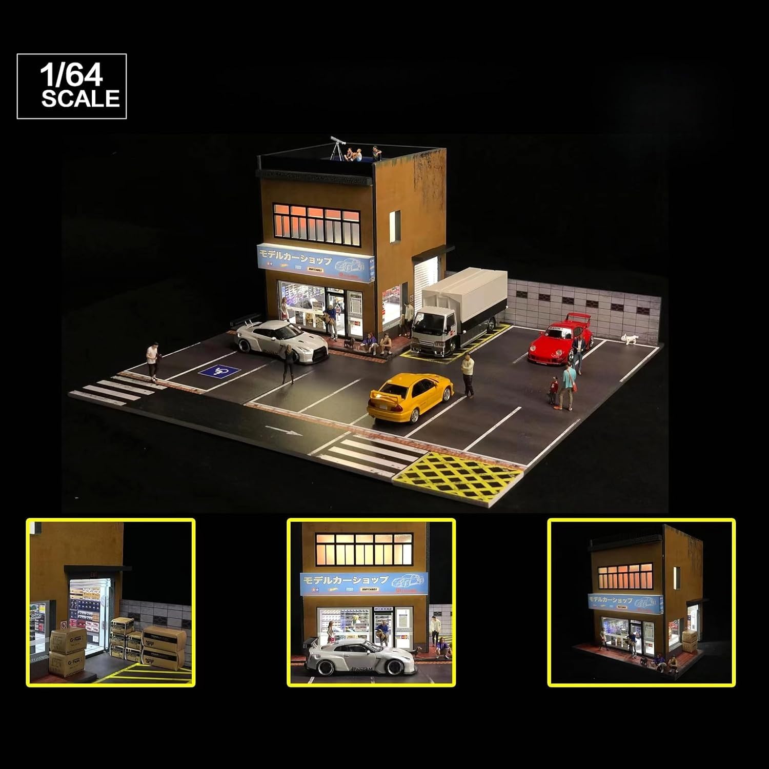 Amazon.co.jp: ジオラマ 1/64 カーガレージモデル 都市背景 駐車場 LED