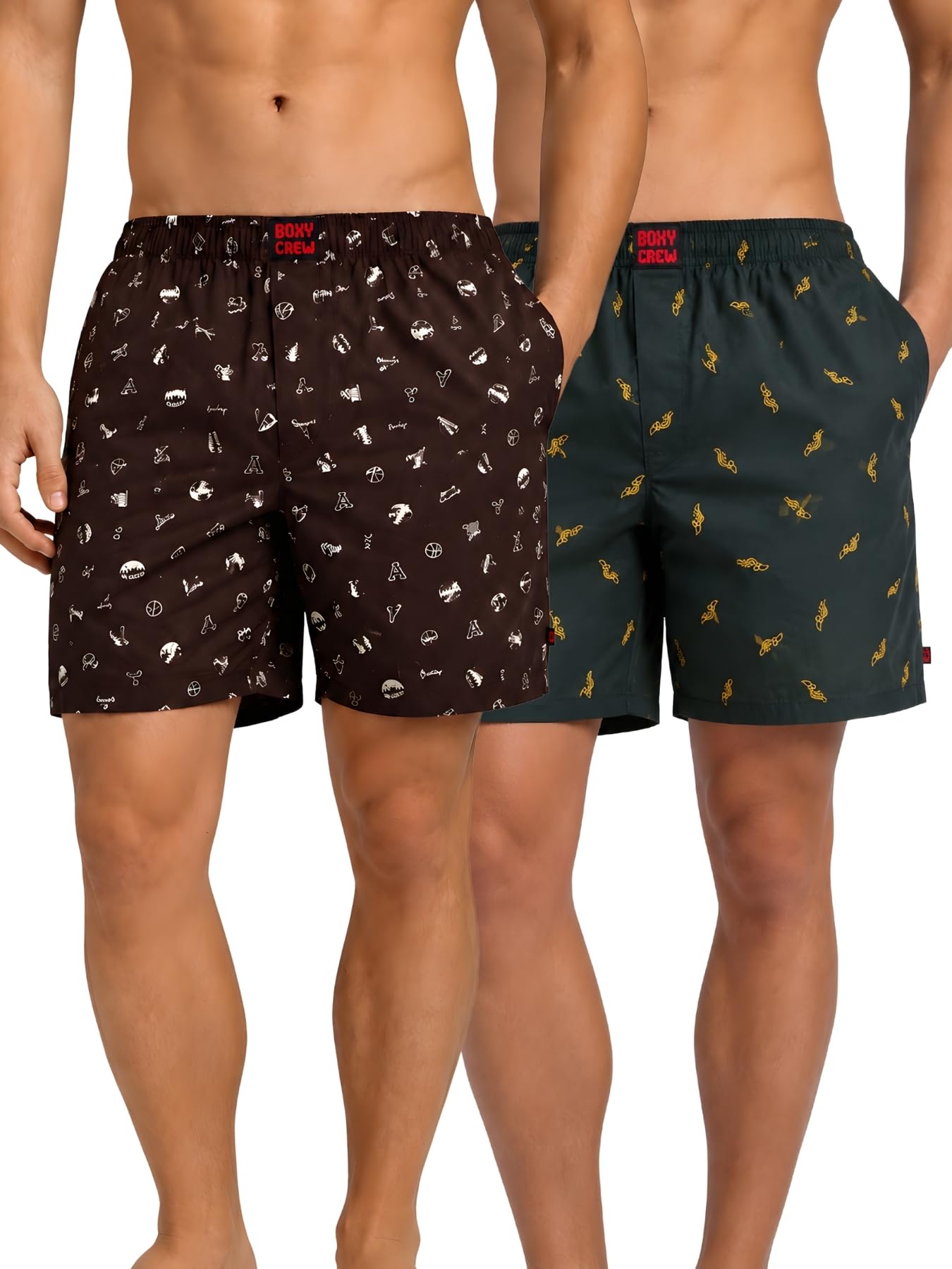 Men Boxer Shorts Pack of 2, 100% Cotton Woven Boxers, Brown & Dark Teal, Printed Designs, Dual Side Pockets, No-Marks Inner Elastic Waistband, Relaxed Fit Lounge & Sleep Shorts-image-25