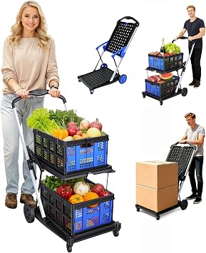 Rolling Shopping Cart with Wheels, Heavy Duty Foldable Grocery Cart on Wheels, 2-Tier Collapsible Shopping Trolley, Blue Mobile Trolley with Retractable Bands and 360 Degree Wheel Blue