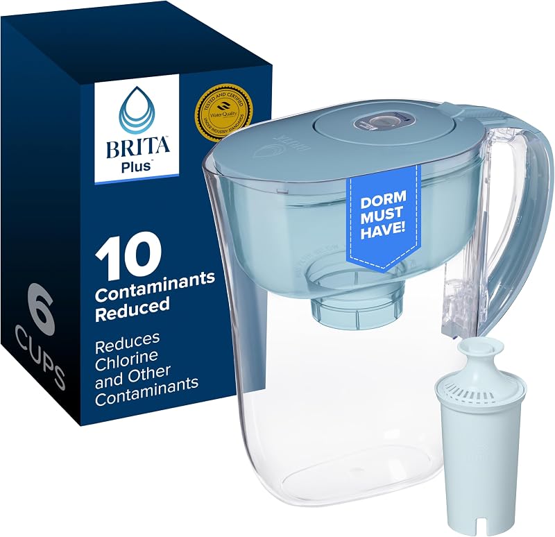 Jarra con filtro de agua pequeña Brita de 6 tazas, 1 filtro BritaPlus, azul piedra | Certificado WQA y NSF/ANSI, reduce el cloro, el cobre, el mercurio y el cadmio, dura 2 meses, es esencial para el dormitorio