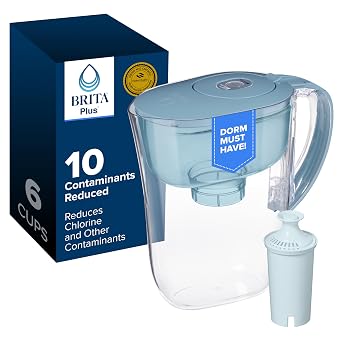 Brita Small 6 Cup Water Filter Pitcher, 1 BritaPlus Filter, Stone Blue | WQA and NSF/ANSI Certified, Reduces Chlorine, Copper, Mercury & Cadmium, Lasts 2 Months, Dorm Room Essential