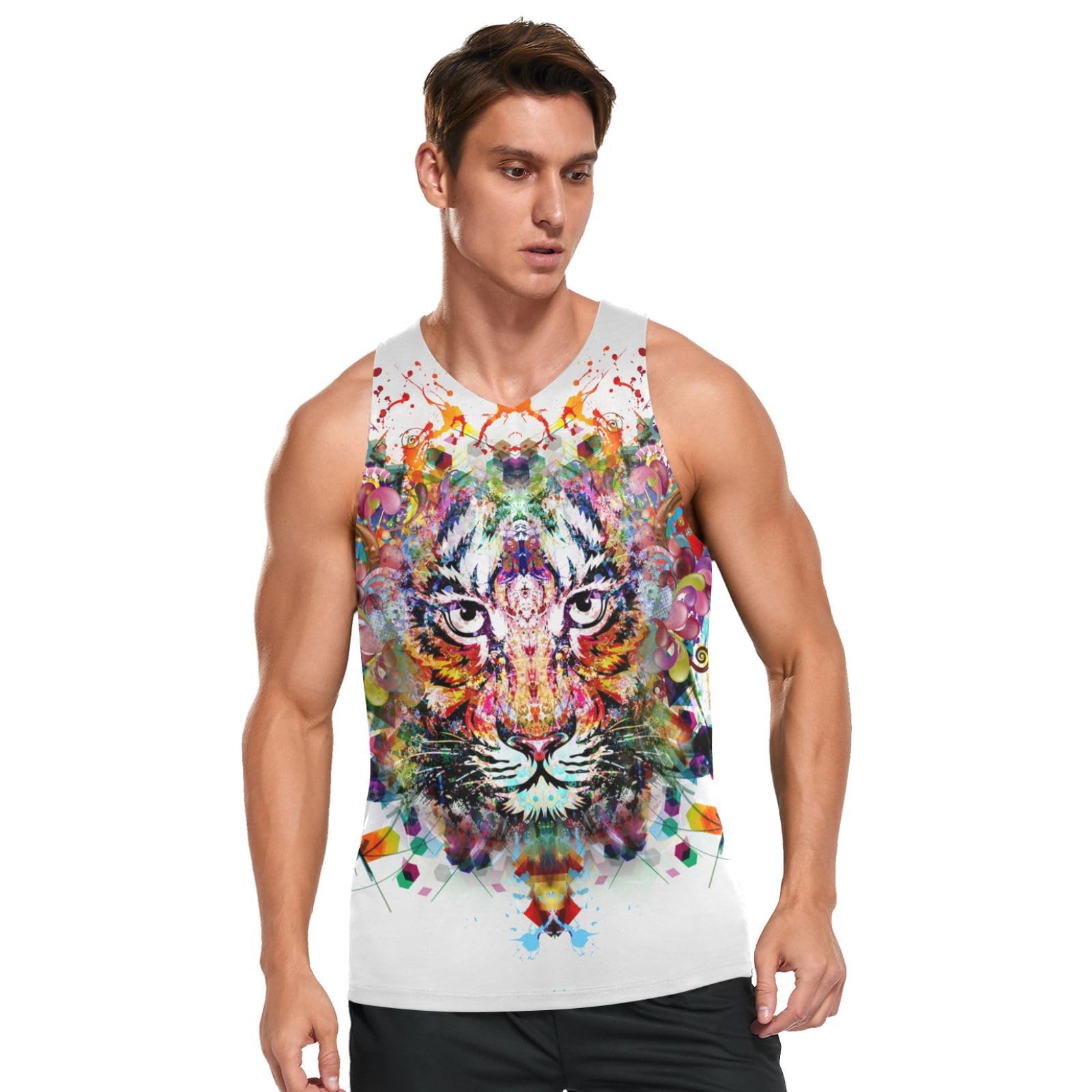 Linomo Men's Multicoloured Tank Tops Watercolor Tiger Face Summer Sleeveless Tops Sports Vest Athletic Training Gym Training Tops T-Shirt