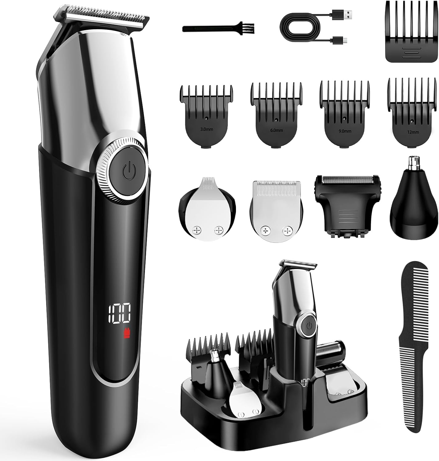 SkelEduPro Erkekler için Sakal Düzeltici - 5'i 1 Arada Kit Elektrikli Tıraş Makinesi, LED Ekranlı Burun Saç Düzeltici, Akülü Bıyık Vücut Yüz Bakım Seti, Su Geçirmez Şarj Edilebilir Sakal Tıraş