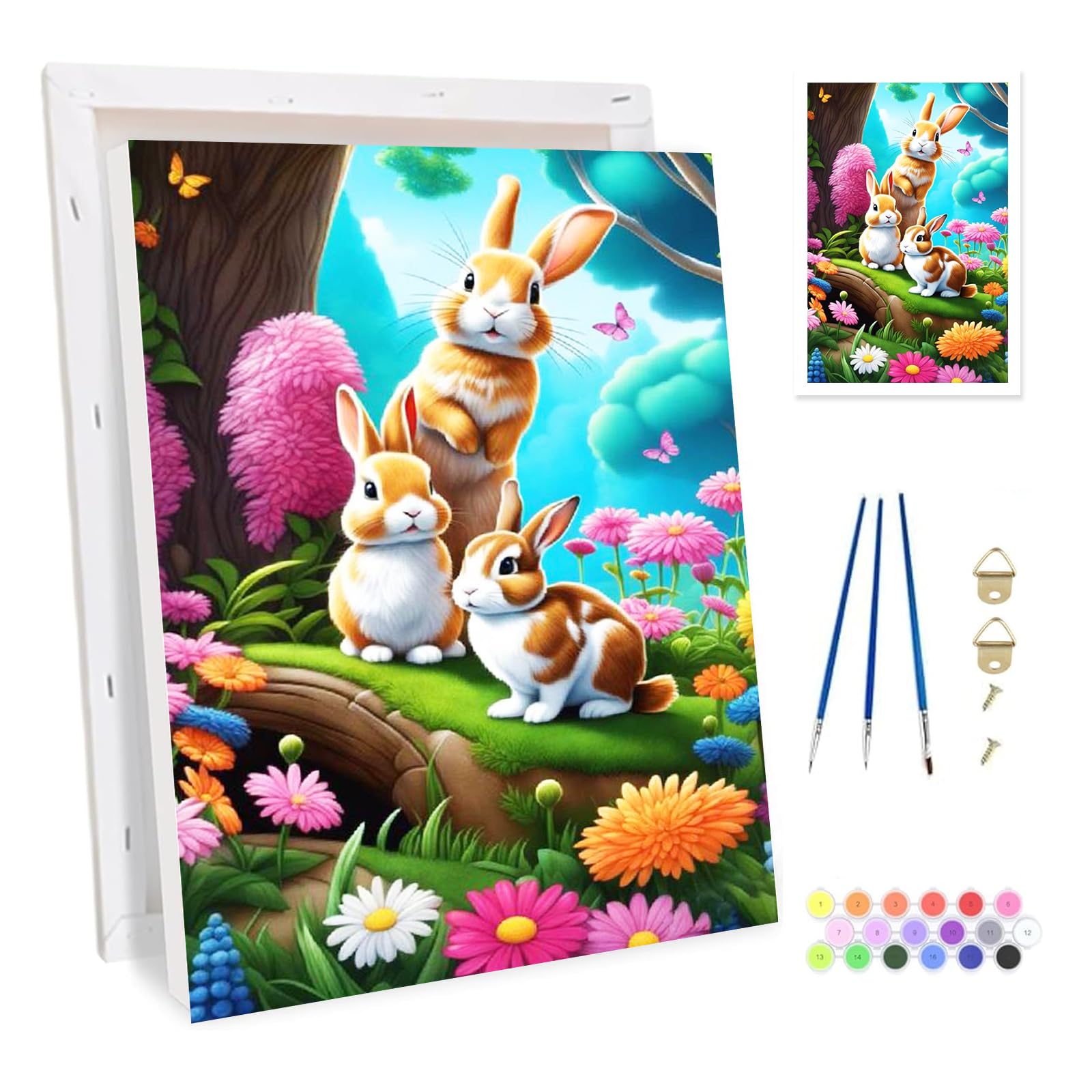 Bowetile Easter Framed Paint by Numbers for Adults, Bunny Painting by Numbers Kit for Adults Beginners Canvas Kit, DIY Color Oil Painting Acrylic Paints for Home Wall Decor 20x30cm