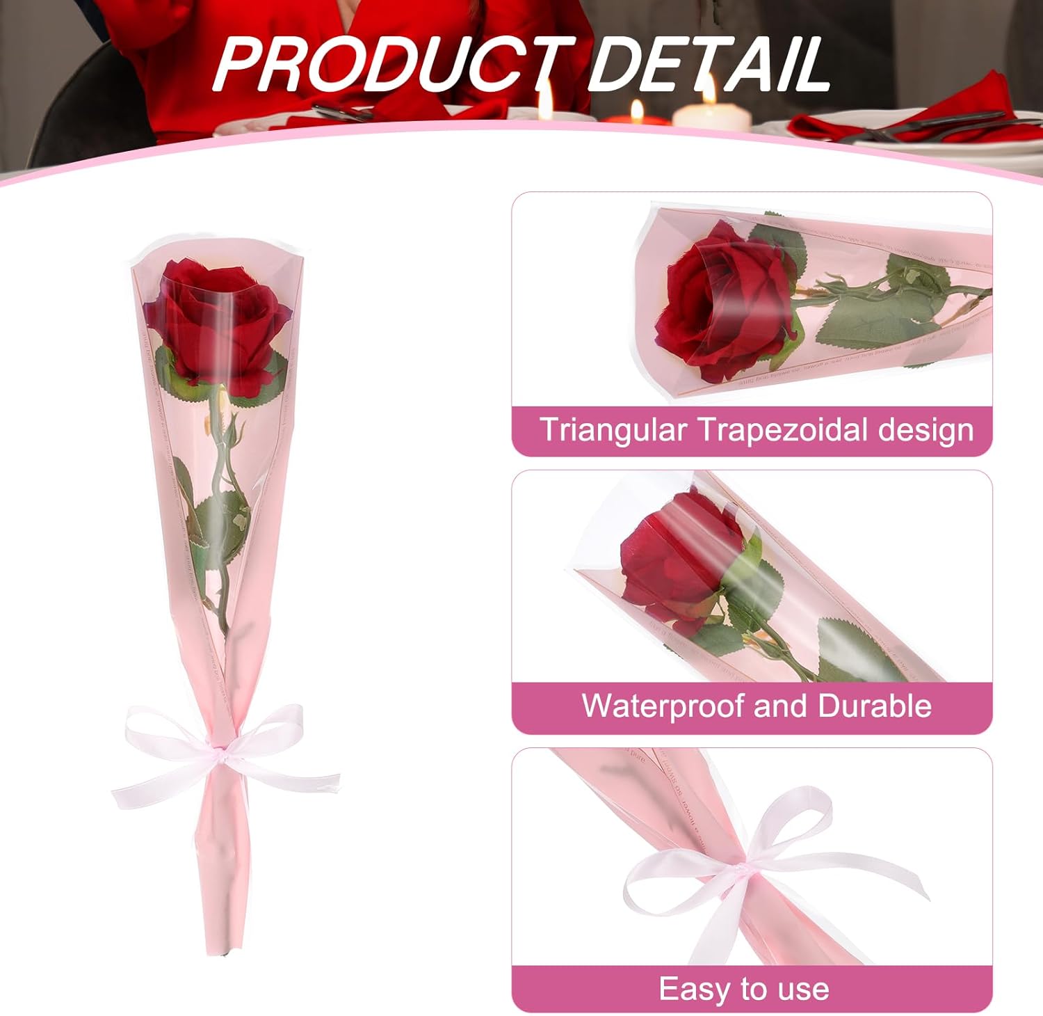 PATIKIL 150 Pack Flower Wrapping Bag, Pink Floral Packing Sleeves with Ribbons Gold Edge for Bouquets Wedding Birthday Graduation Anniversary Arrangement Gift, 17.7"x4.7"x1.2"
