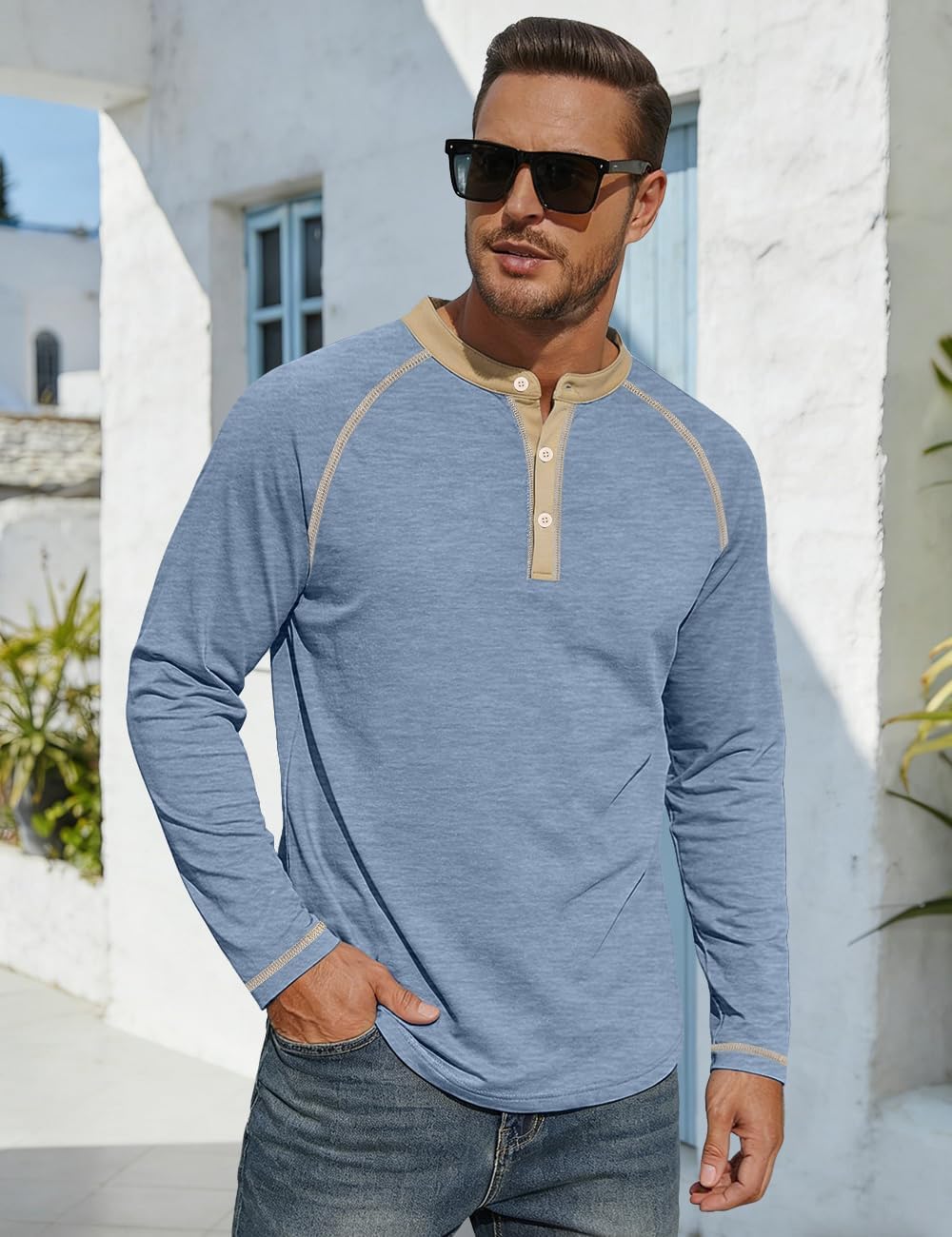 Men's Henry Long Sleeved T-Shirt Cotton Casual Button Lightweight Pullover Shirt Soft Stretch Tees Tops