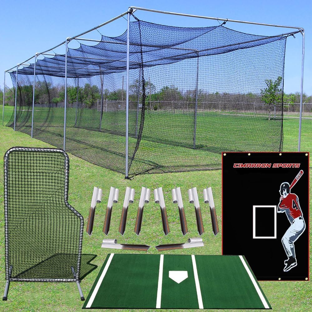 Cimarron Sports Commercial Baseball Softball Batting Cage Tunnel with Steel Frame, Pitcher L-Screen, Backstop, Home Plate Mat, Ground Supports