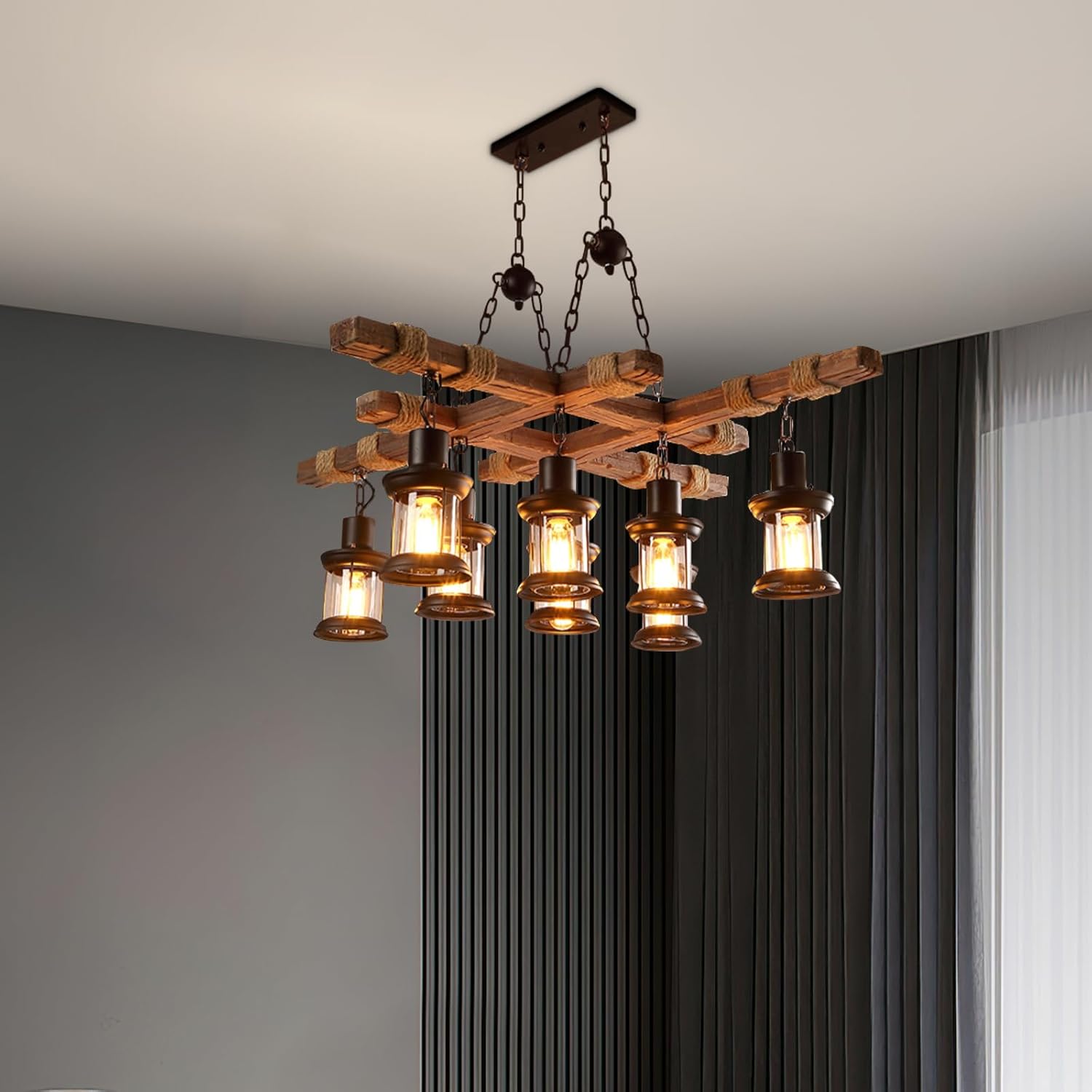 Wooden Chandelier, 8-Light Rustic Farmhouse Pendant Light with Adjustable Chain, Industrial Retro Vintage Ceiling Fixture for Kitchen Dining Room Bar Cafe Restaurant