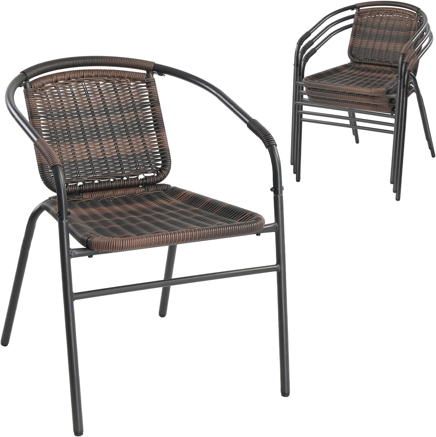VINGLI Indoor Rattan Stacking Chair, Outdoor Stackable Dining Chair,Modern Wicker Stacking Chair for Porch,Patio and Restaurant,Brown (4 Pack)