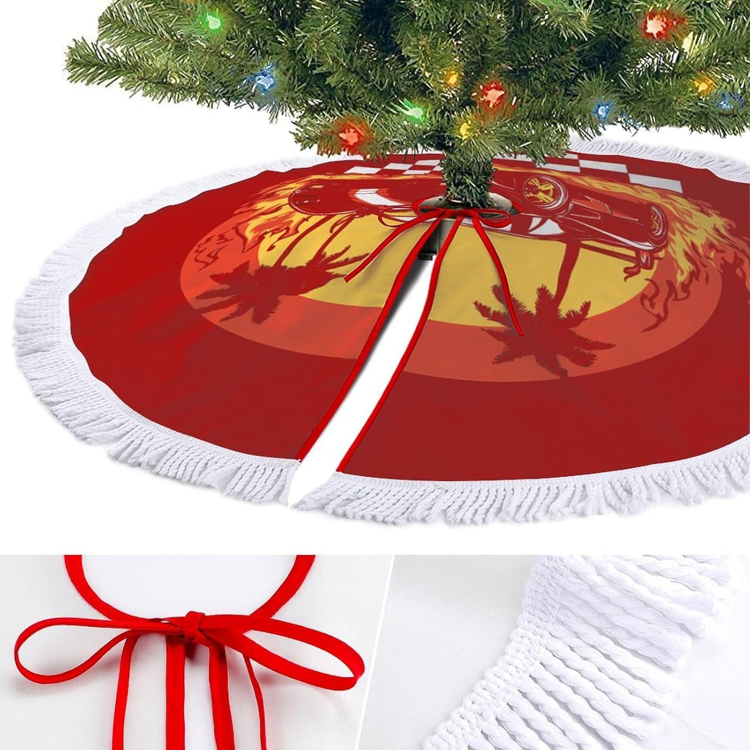Us Muscle-Car Racing Christmas Tree Skirt Round Xmas Tree Mat Ornaments Tree Skirts with Tassels for Holiday Party