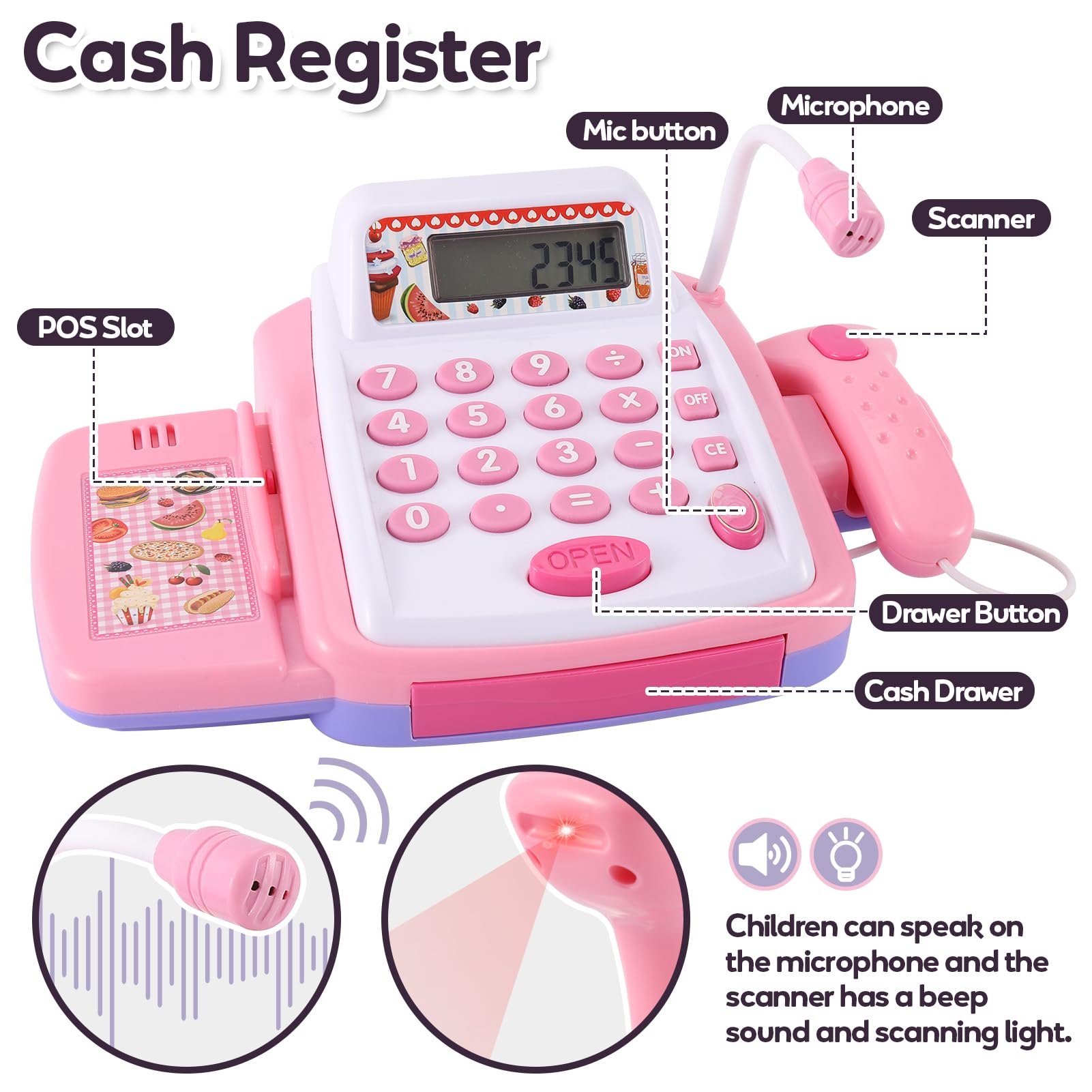 HYAKIDS Registratore di Cassa Supermercato Giocattolo per Bambini con Scanner di Suoni e Luci, Cibo Finto, Carrello, Giochi di Imitazione Regalo per Ragazze Ragazzi 3 Anni Rose