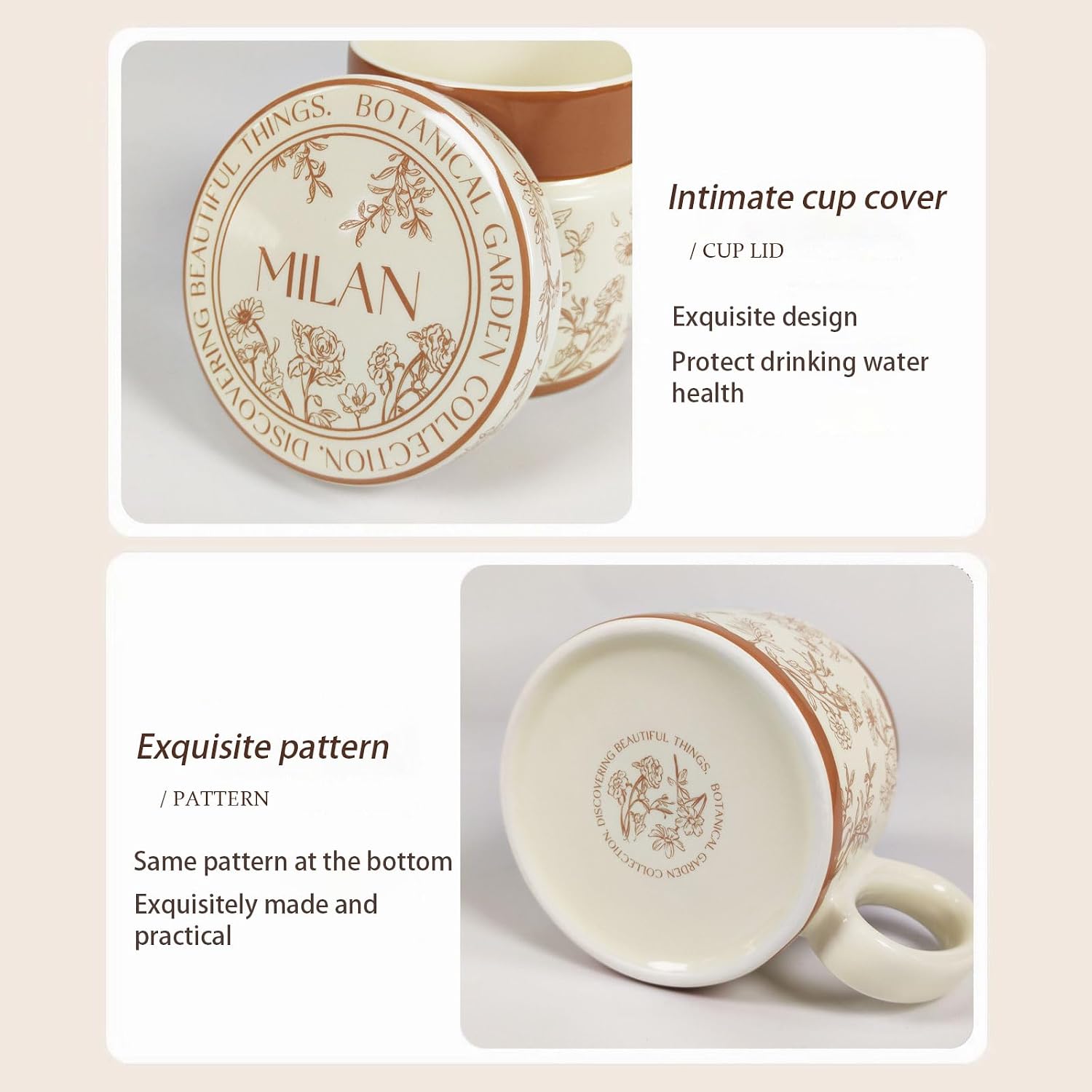 12.9oz Ceramic Coffee Mug with Lid,Flower Patterned Porcelain Mug,Ceramic Tea Cup Coffee Latte Mug for Office and Home,Brown,1 Piece