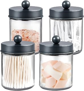 Amolliar Glass Apothecary Jar Qtip Holder Metal Lids 4pc/Grey | Bathroom Decor Countertop Vanity Storage Organizer Set for q tip holder,Cotton Swabs/Rounds,Makeup Sponges,Cute Stickers