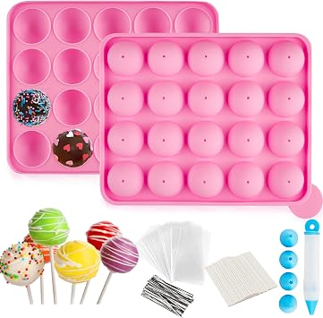 Ocmoiy Cake Pop Mold Set of 262 | Including 20 Cavities Silicone Cake Pop Molds, Cake Pop Sticks, Cake Pop Wrappers, Sliver Twist Ties, Decorating Pen