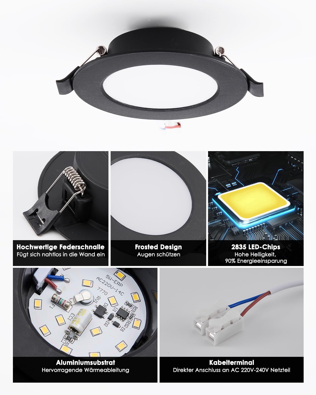LED Spots Schwarz, 5W Deckenspots Schwarz 450LM,Rund Ø75-90mm Einbauleuchten für das Bad, Einbautiefe 25mm, Spots Deckenleuchte 3000K Warmweiß für Badezimmer Schlafzimmer, 20er set