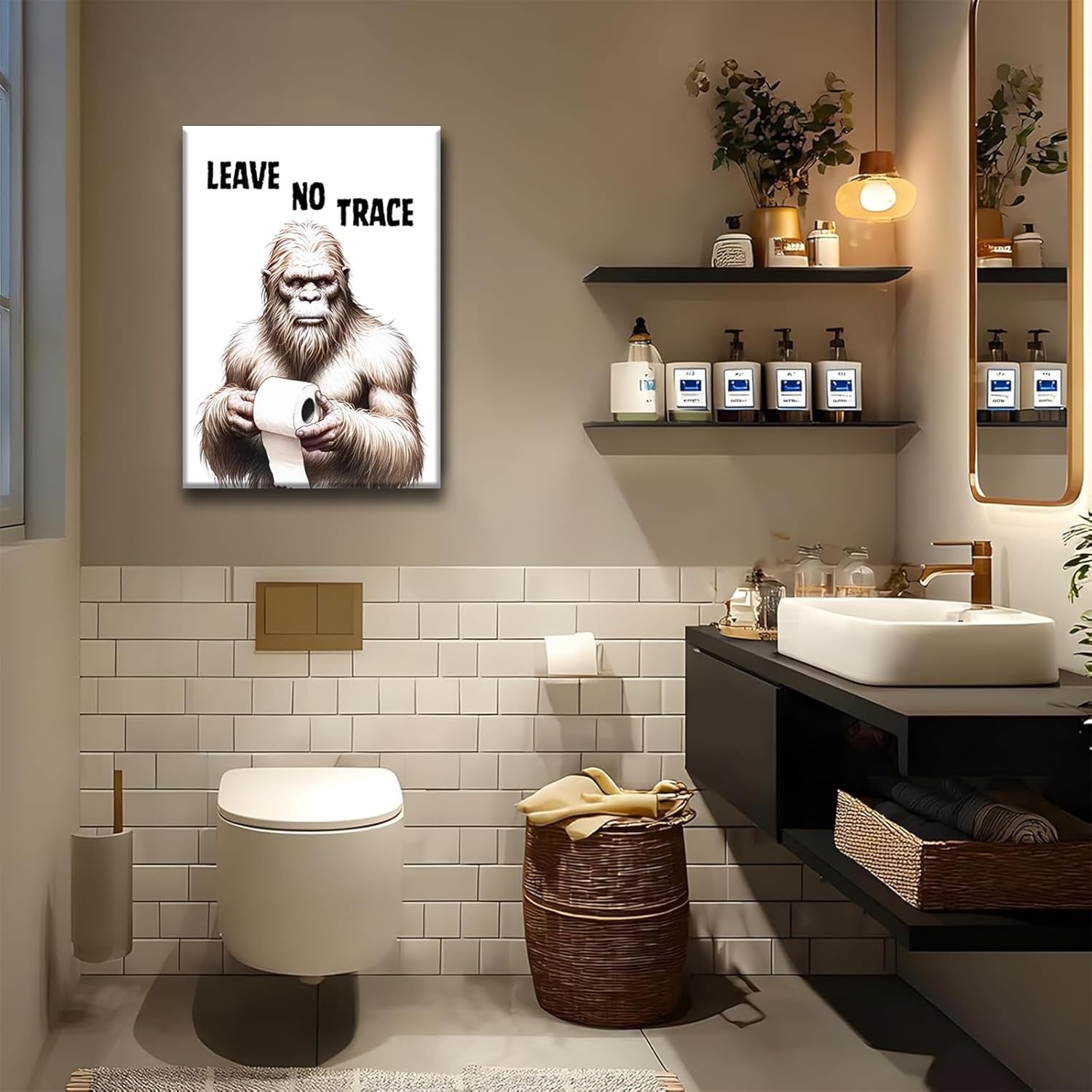 Funny Bathroom Wall Art Gorilla Monkey Wall Decor Bigfoot Holding Tissue Poster Print Minimalist Painting Picture for Living Room Bedroom Ready to Hang (16x24in Canvas)