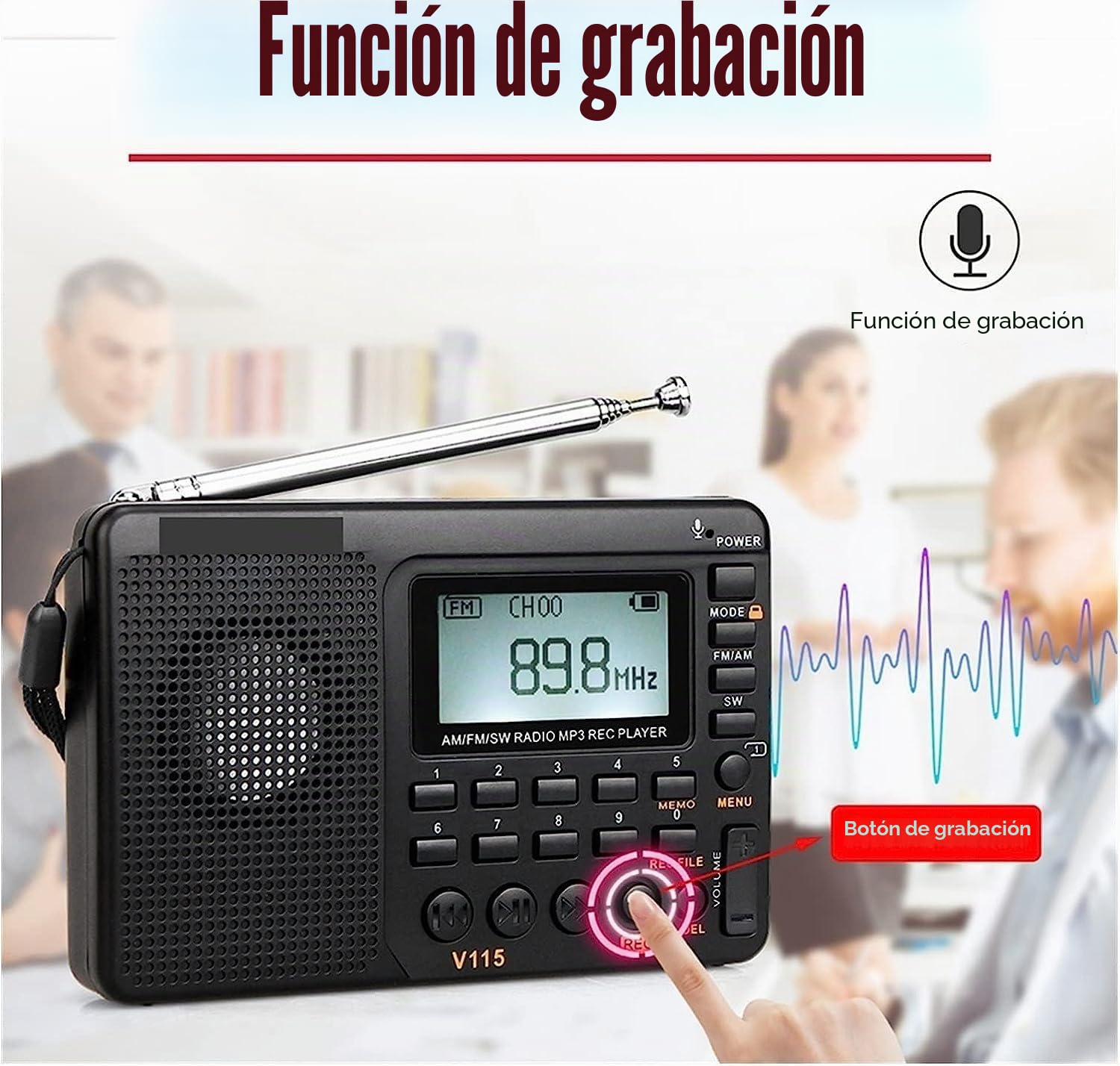 Radio V115 Radio AM FM SW radio bolsillo onda corta FM altavoz, admite tarjeta TF, grabadora USB, modo de suspensión