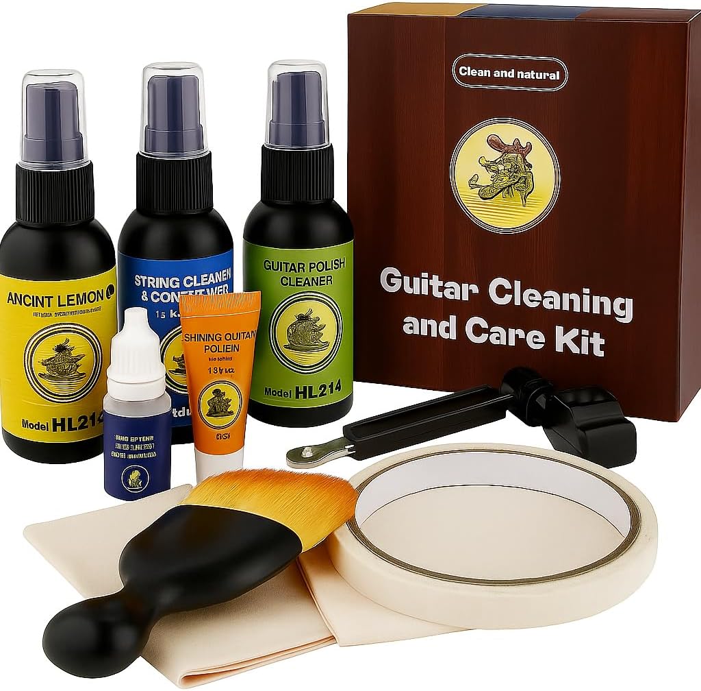 9Pcs Guitar Cleaning Kit, Guitar Care Kit with String Cleaner, Polish, Fretboard Lemon Oil, Anti-Rust, String Winder, Cleaning Cloth, Guitar & Bass Tools Accessories, Gifts for Guitar Player