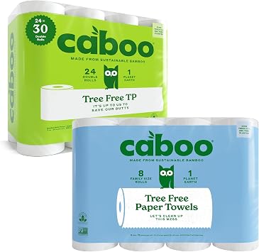 Caboo Toilet Paper 24 Pack + Paper Towels 8 Pack Bundle - Natural Bamboo Based Paper Products - Sustainable Alternative to Plastics and Papers for Home, Travel, and Personal Care
