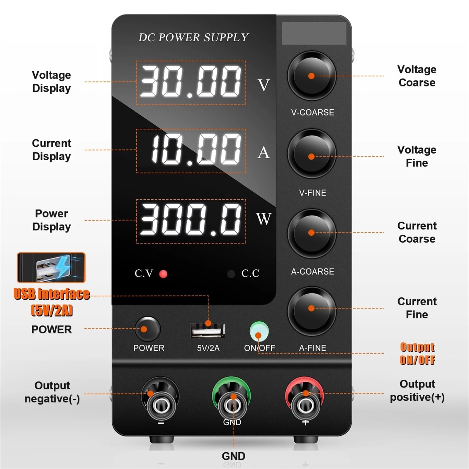 Fuente de alimentación CC ajustable, fuente banco regulada por conmutación con interruptor salida, Fuente Digital de Laboratorio(32V6A)