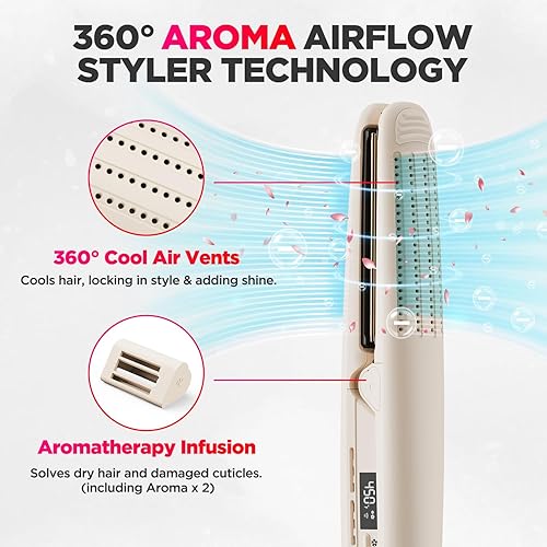 Miniatura 3 de MiroPure Plancha rizadora de flujo de aire de 360, plancha plana de titanio 2 en 1, varita de curado profesional con aroma iónico aire frío, 13