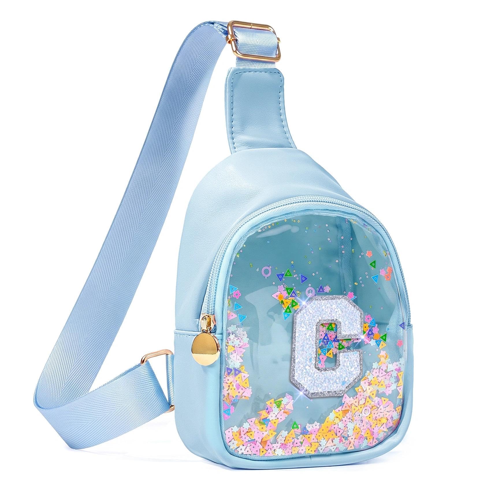 COSHAYSOO Personalized Christmas Birthday Gifts Burr Basket Stuffers for Girls Blue Purse Sling Bag Crossbody Girl Cute Funny Cool Mini Travel Fashion Accessories Monogrammed Initial Letter C