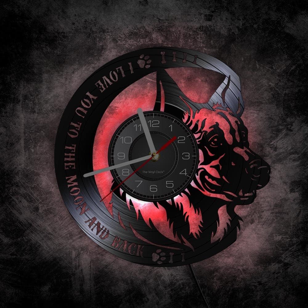 I Love You to The Moon and Back German Shepherd Inspirational Quote Vinyl Record Wall Clock with 7 Colors LED German Shepherd Dog Owen Vinyl LP Wall Clock Gift Idea Bedroom Living Room 12''