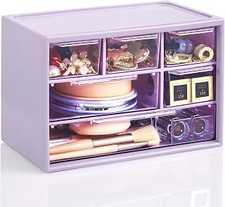 Desk Storage Organizer with 6 Mini Drawers, Stackable, Purple | Clear Desktop Craft Drawer Cabinet, Small Desktop Storage Box Caddy for Makeup, Jewelry, Office, Craft Supplies