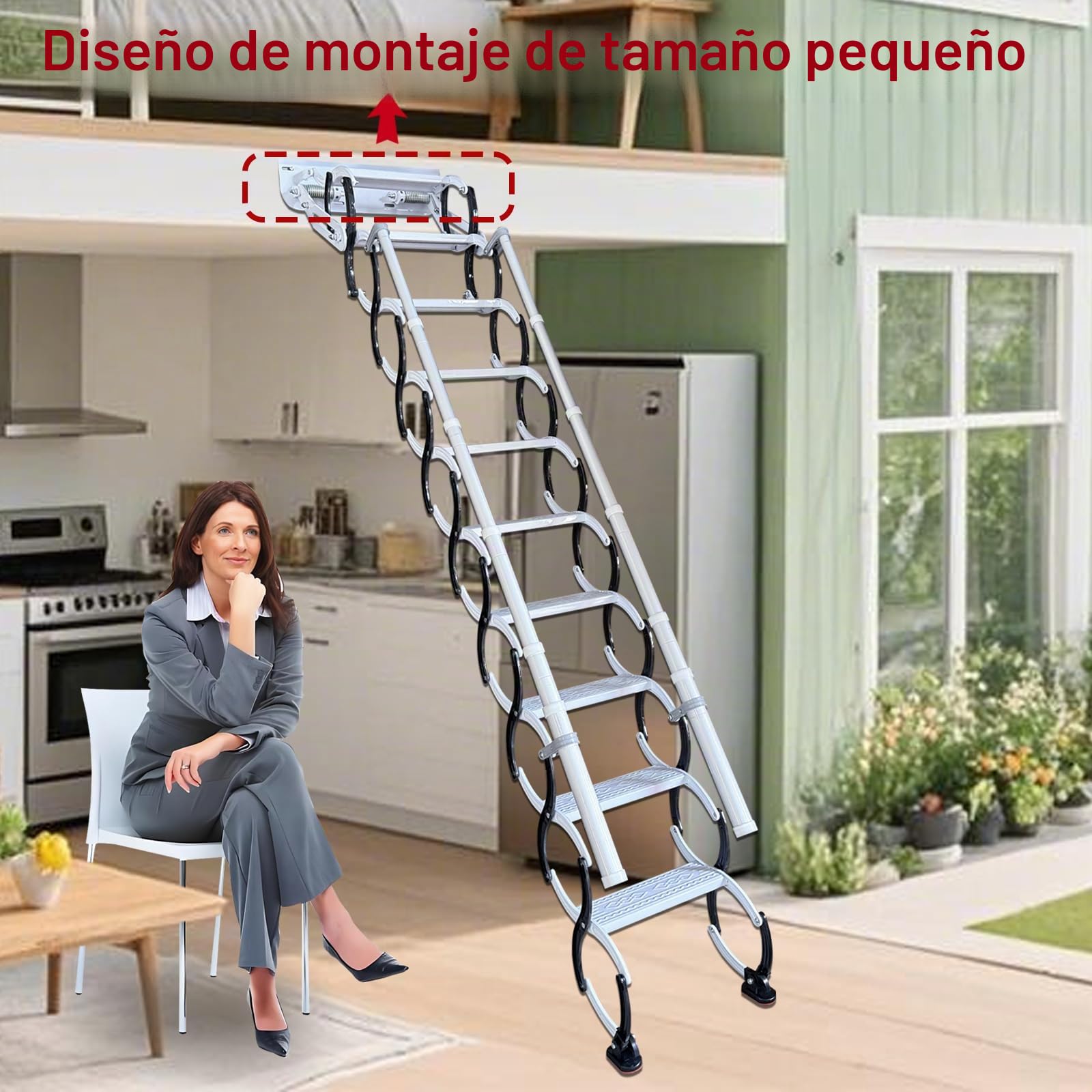 Escalera Plegable de Pared con 2 pasamanos, Escalera Telescópica para Ático Plegable, Capacidad 300 kg, Altura aplicable de 2.69 a 2.79 m (11 escalones)