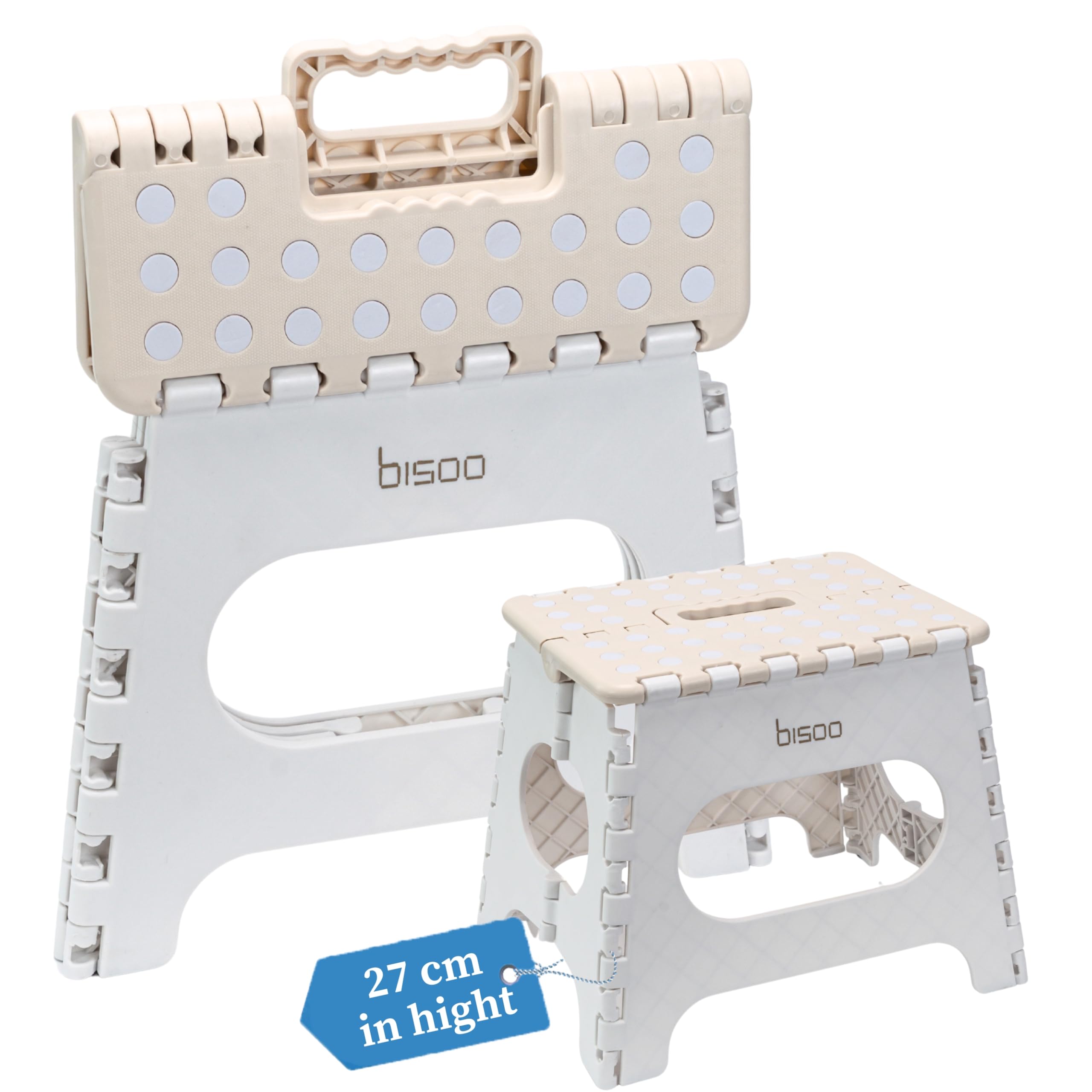 Bisoo Folding High Stool – 27 cm – High Stools for Kitchen, Bathroom, Motorhome – Children's Step – Folding and Portable Stool – Non-Slip, Safe, Practical – Supports 150 kg – Cream