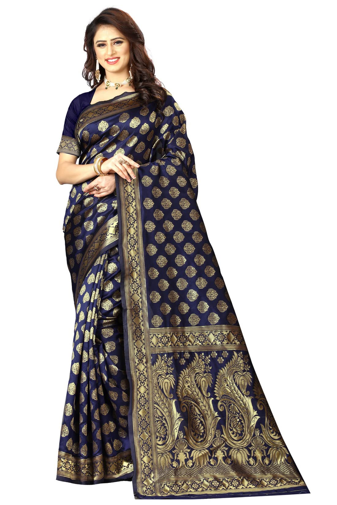 Shasmi Sarees Women's Art Silk Navy Blue Kanchipuram Saree (San Pari 72 N Blue)