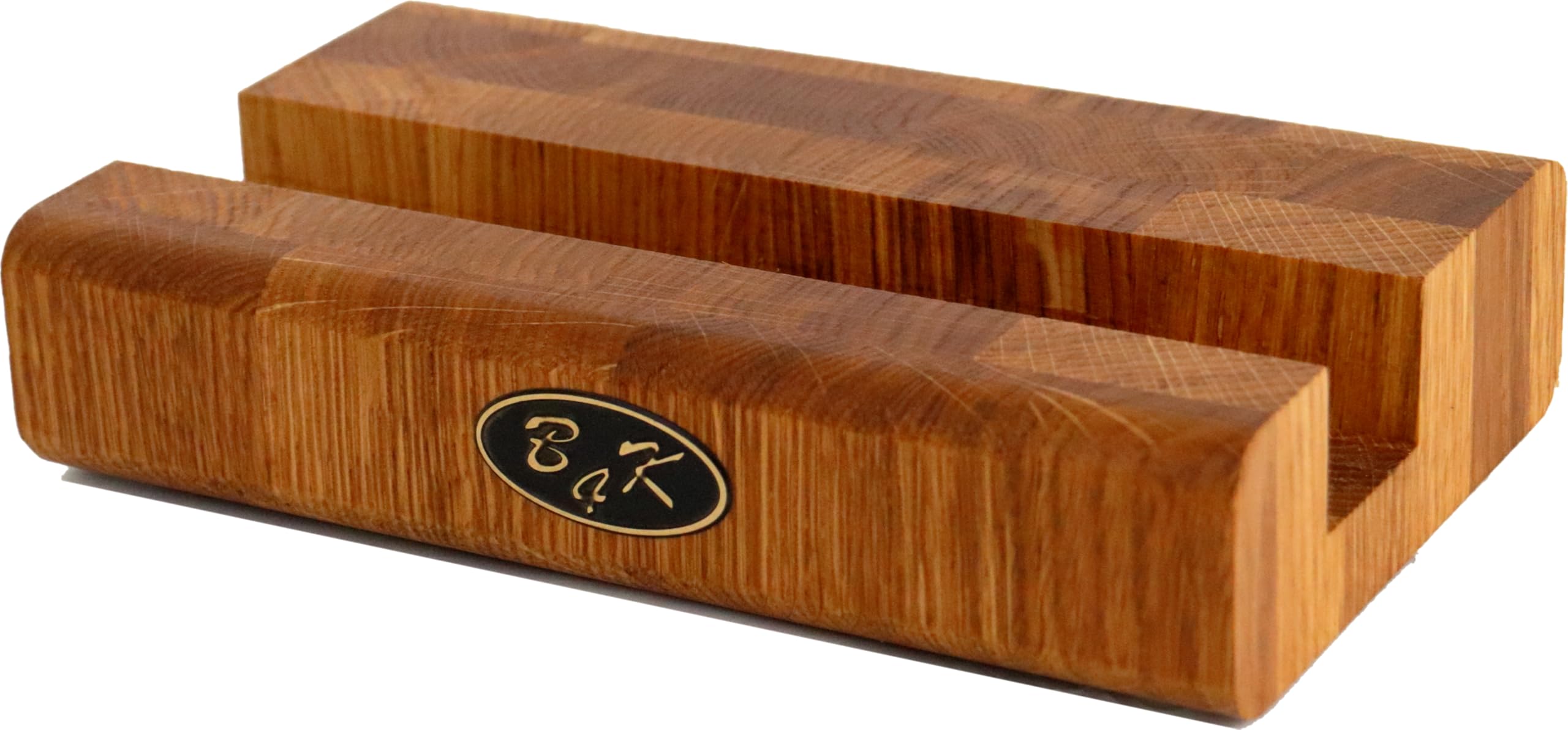 B4K® Schneidebrett 35 × 25 cm aus Eichen-Stirnholz Inkl. Ständer | Hackblock mit Ständer, Abgerundete Kanten, Rutschfest mit Silikonfüßen, Griffmulden, Ideal für Küche & BBQ