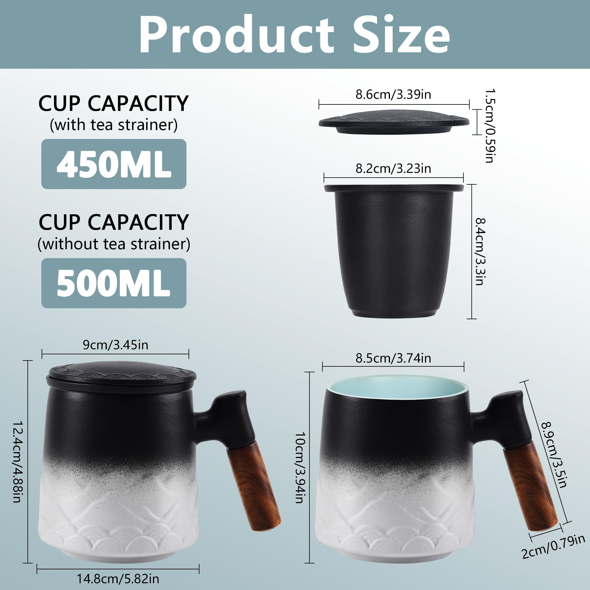 Tazza Tisana con Infusore e Coperchio 500ml, Tazze Ceramica con Filtro per Tisane Manico in Legno Regalo (Bianco)