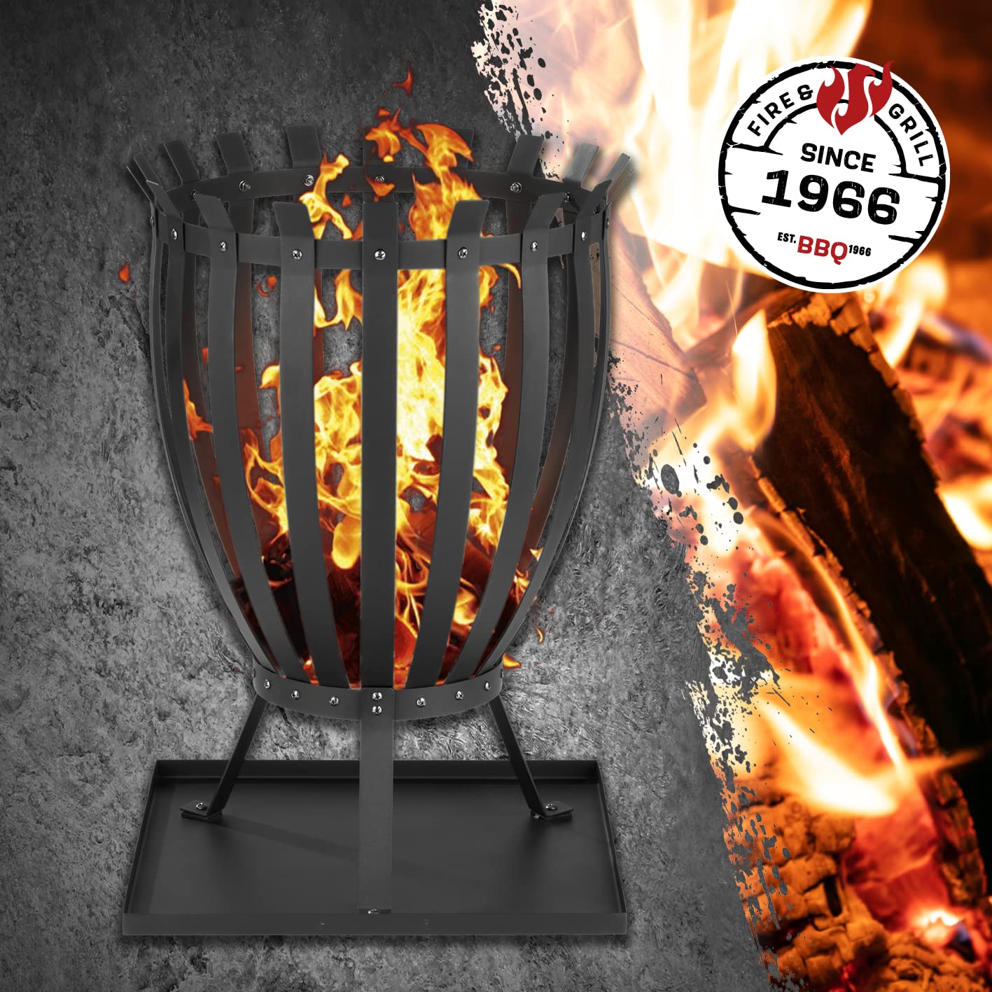 LANDMANN | Feuerkorb Steel Stripes für Garten | 360° Sicht auf das Feuer | Inklusive Bodenplatte für Aschefang und 3 verschraubten Beinen | Wetterfest | Stabil | Maße: ca. 44 x 44 x 65 cm