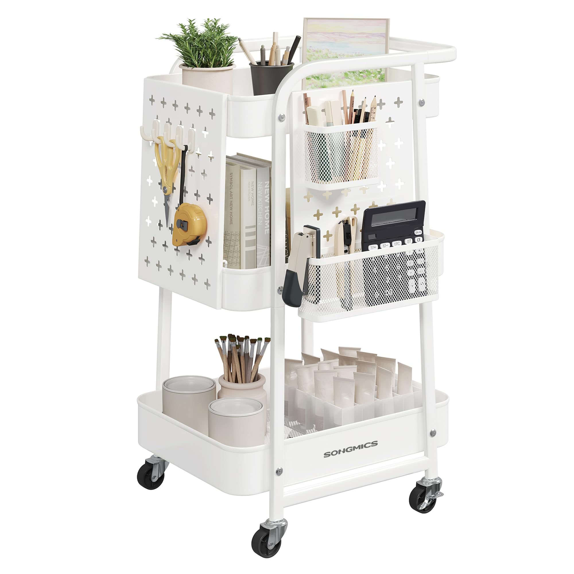 SONGMICS Rollwagen, Küchenwagen, 3 Metallgitterablagen, Servierwagen, 2 abnehmbare Lochplatten, 2 Hängekörbe, 4 Haken, für Büro, Küche, Wohnzimmer, Badezimmer, wolkenweiß LRC037W01